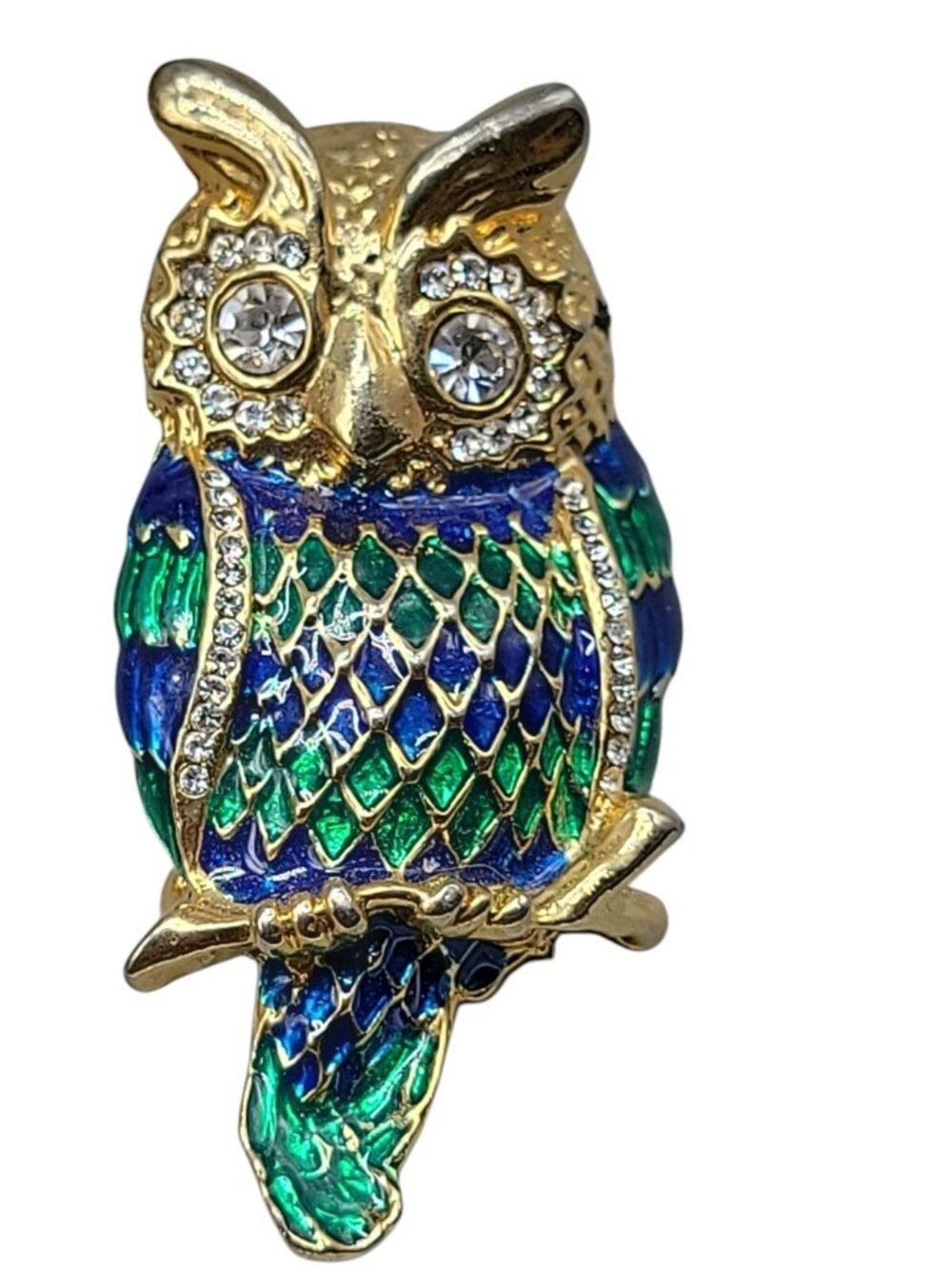 Spinx Rhinestone Enamel Owl Brooch Gold Tone Unsigned Vintage Detailed Pin